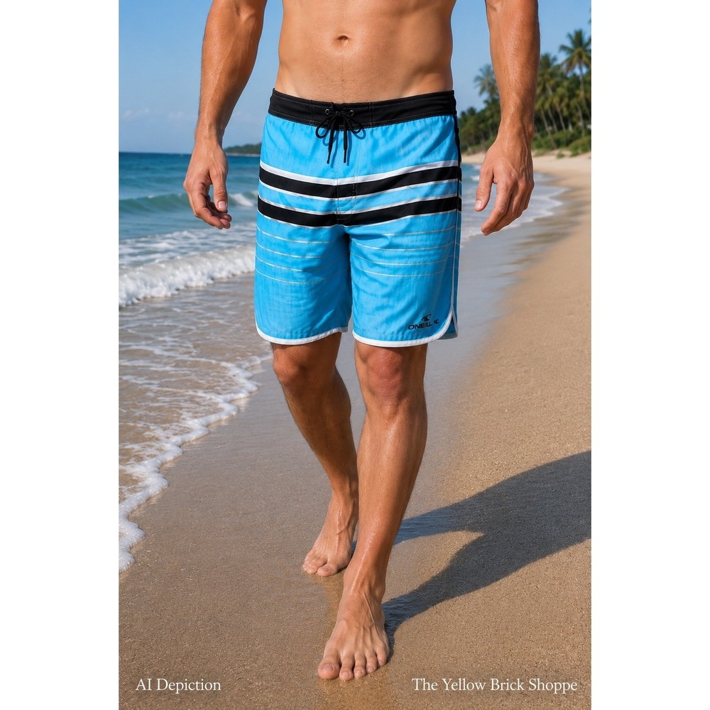 O'Neill Board Shorts Men's Blue Striped Surf Swim Trunks‎ Size 34